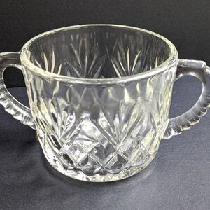 Vintage Clear/Crystal Glass Sugar Bowl w Handles Pineapple Pattern 60's 70's